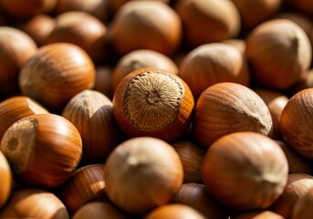 Obraz premium A close up macro photograph of a large pile of fresh hazelnuts.