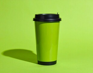 Vibrant green reusable travel mug with black lid casting a strong shadow on a bright green background