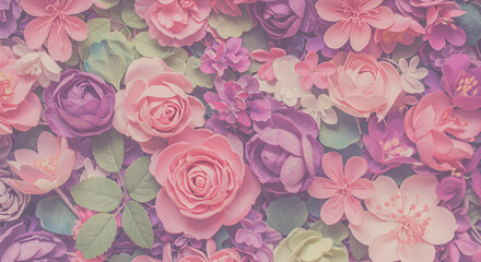 Romantic pastel floral arrangement featuring roses, cherry blossoms and greenery