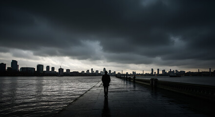 Silhouette of a lone figure walking towards a city skyline under stormy clouds