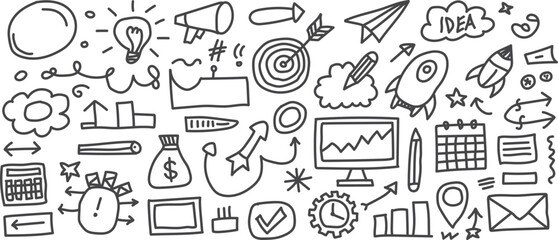 Hand Drawn Business Doodle Icons Set, Sketch Startup Elements, Idea, Growth, Chart, Rocket, Planning, Vector Illustration