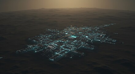 Futuristic city lights illuminated in dark environment overhead view