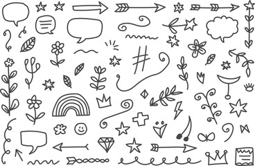 Hand Drawn Doodle Decorative Elements Set, Sketch Arrows, Flowers, Stars, Speech Bubbles, Rainbow, Vector Illustration