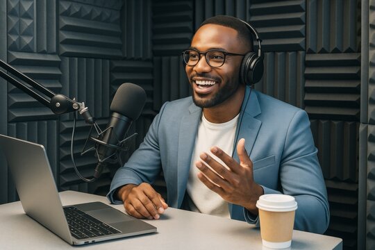 Confident man podcasting in soundproof studio with headphones, microphone, laptop, and coffee cup on table, smiling while talking creatively. Ai generative