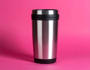 Sleek silver travel mug with black lid against a vibrant pink background, perfect for on-the-go beverages.