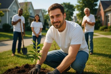 Naklejka premium Group of volunteers planting a young tree on a sunny day in a suburban neighborhood, promoting teamwork and environmental care concept. Ai generative