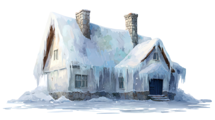 Frozen cottage covered in ice and icicles isolated on transparent background