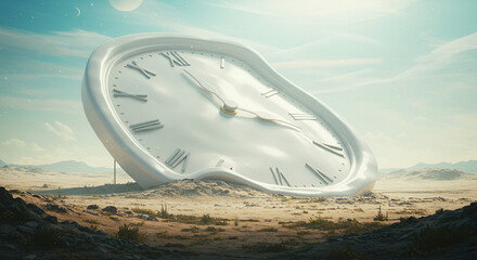 Surreal Desert Landscape Featuring a Melting Clock Under a Dreamy Sky Scenery
