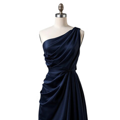 Elegant blue silk gown on a mannequin, perfect for fashion blogs, retail displays, and glamorous event promotions, timeless style