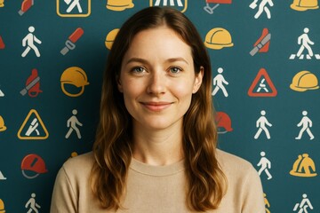 Portrait of smiling woman with safety-themed icons in background, showcasing workplace safety and awareness concept in modern illustrated style. Ai generative