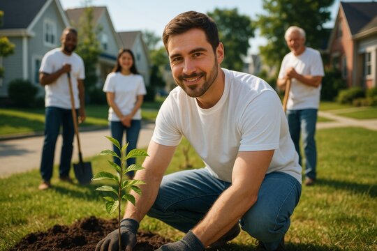 Group of volunteers planting a young tree on a sunny day in a suburban neighborhood, promoting teamwork and environmental care concept. Ai generative - Powered by Adobe
