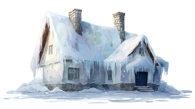 Frozen cottage covered in ice and icicles isolated on transparent background