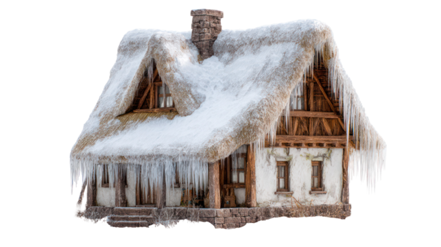 Cozy winter cabin covered in snow and icicles isolated on transparent background