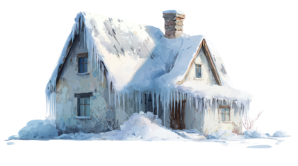 Frozen cottage covered in icicles and snow isolated on transparent background