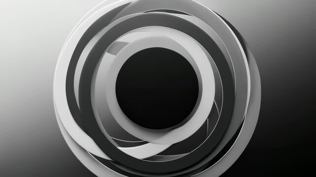 Circular composition features nested rings of varying shades of gray, creating a play of light and shadow