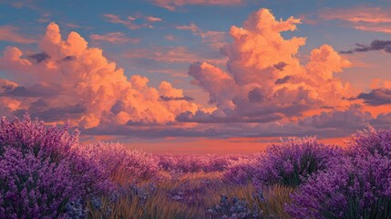 A vibrant field of purple wildflowers under a dramatic sunset sky with fiery orange clouds.