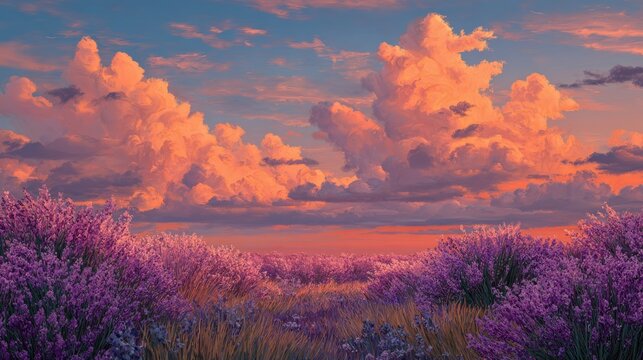 A vibrant field of purple wildflowers under a dramatic sunset sky with fiery orange clouds. - Powered by Adobe