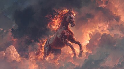 A fiery horse gallops through a dramatic sky filled with flames and dark clouds.