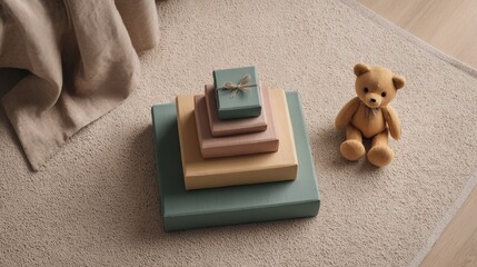 Stacked pastel-colored boxes with a small teddy bear on a carpeted floor