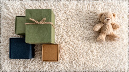 Stacked gift boxes and a teddy bear on a fluffy white rug