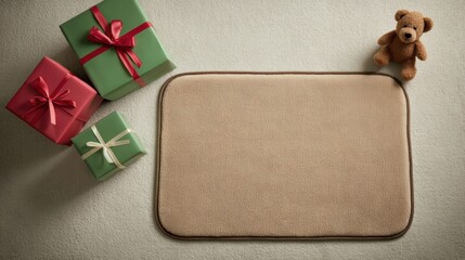 Gift boxes and teddy bear arranged around a blank beige mat on a neutral surface