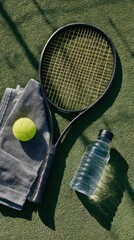 Tennis racket, ball, water bottle, and towel on a green court surface