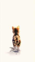 A calico kitten viewed from behind, standing on a plain surface with a soft shadow beneath it.