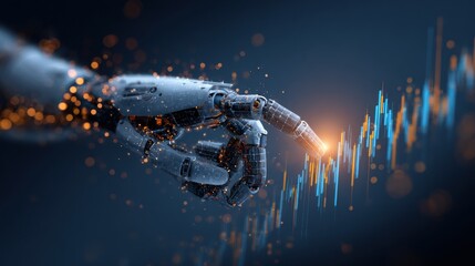 Robotic hand interacting with digital data stream in a futuristic setting