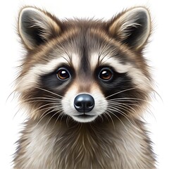 Fototapeta premium Close up portrait of a cute raccoon face on white background