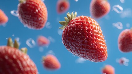 Strawberries floating in water with bubbles against a blue background