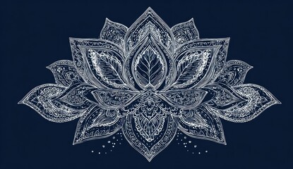 Ornate lotus flower design in delicate white lines on navy background