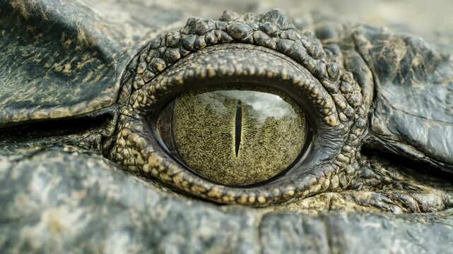 Close-up of a reptile eye blinking slowly, capturing raw power, mystery, and primal nature in cinematic detail &mdash; ideal for wildlife and documentary visuals.