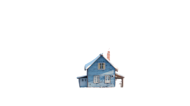 Old blue wooden house with snow on roof isolated on transparent background