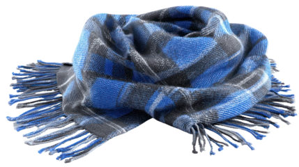 Handwoven blue and gray plaid scarf with fringe isolated on transparent background