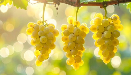 yellow grapes on the vine, bokeh lights in the background, abundant table and wine grape varieties
