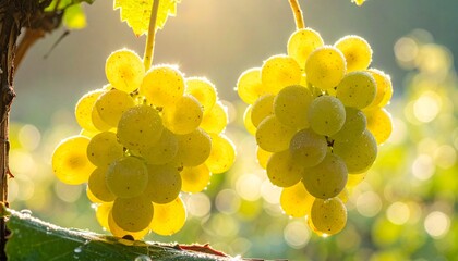 yellow grapes on the vine, bokeh lights in the background, abundant table and wine grape varieties