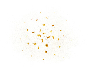 Flying gold realistic confetti tinsel. Explosion on carnival party, fireworks holiday event, surprise birthday, decoration greeting card for Christmas, New Year, Valentines, vector invitation Wedding