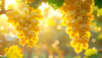 yellow grapes on the vine, bokeh lights in the background, abundant table and wine grape varieties