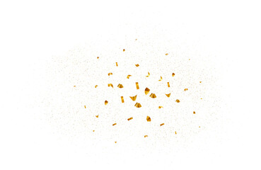 Falling shiny gold confetti. Explosion shimmer particle on carnival party, fireworks spray serpentine on holiday event. Vector bright golden festive tinsel for holiday banner, flyer, invitation