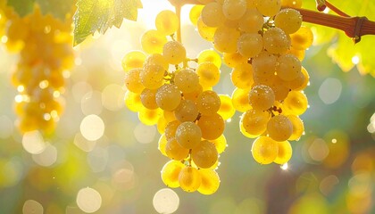 yellow grapes on the vine, bokeh lights in the background, abundant table and wine grape varieties