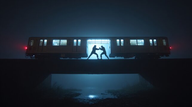 Two silhouetted figures fighting on a train platform at night, illuminated by a bright doorway light