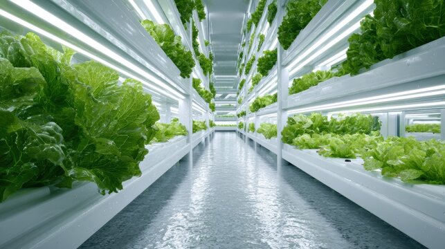 Indoor vertical farm with rows of leafy greens growing under artificial lighting