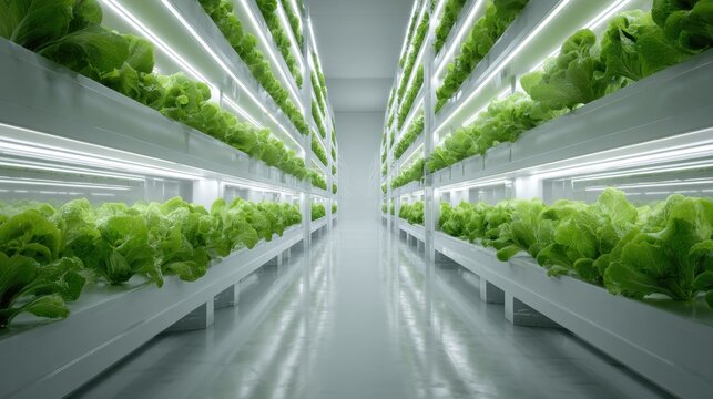 Indoor vertical farm with rows of leafy greens growing under LED lights