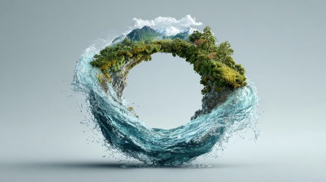 A circular formation of water and land with greenery and mountains, creating a ring-like structure suspended in air.