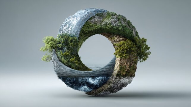 A floating torus-shaped landscape with water, greenery, and rock formations forming a continuous loop.