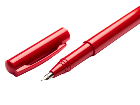 Classic red fountain pen with its cap removed for writing on a transparent background
