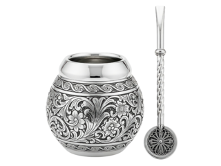 Traditional silver yerba mate gourd with a bombilla straw on a transparent background