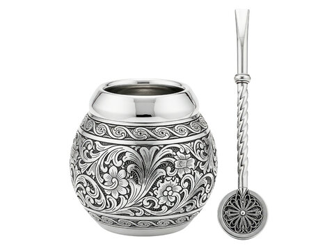 Traditional silver yerba mate gourd with a bombilla straw on a transparent background