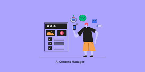 Professional using ai driven content management tool via mobile device, connected with WIFI connection and guided by virtual assistant.
