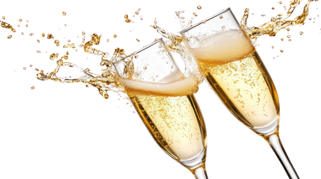 Two champagne flutes clinking with a splash of bubbly isolated on transparent background